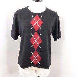 Sag Harbor Women's M Vintage Black Argyle Diamond Short Sleeve Acrylic Sweater